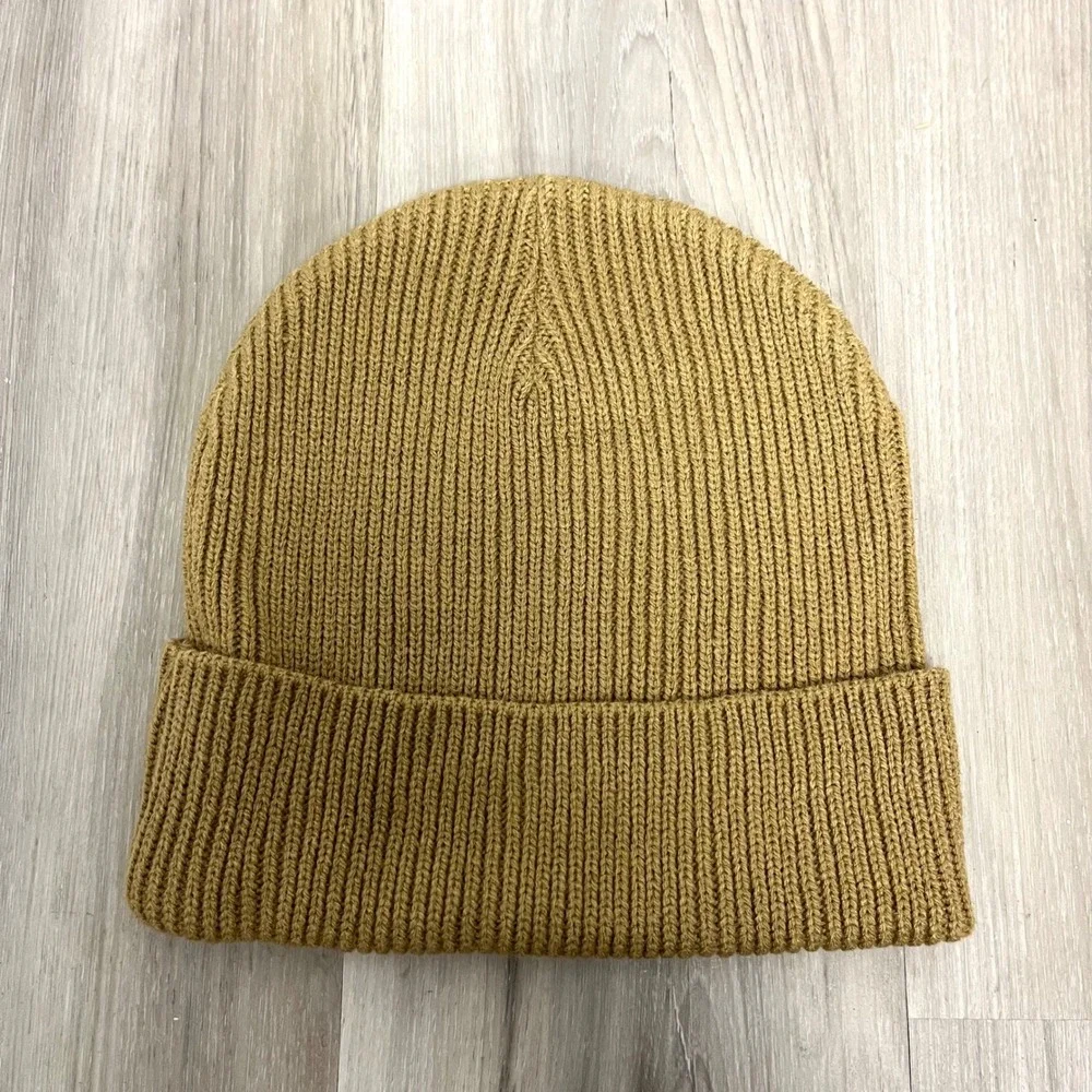 Adidas Beanie Hat Men's OS Tan Brown Ribbed‎ Trefoil Logo Patch Knit